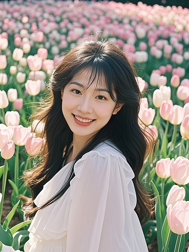 一个女子，在郁金香花海里，笑容灿烂