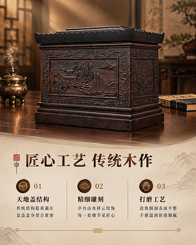 [主图-3] 工艺结构品质：天地盖结构+精细工艺+侧面雕刻，竖版品质展示。
[统一基调] 风格=中式传统庄重商业摄影；主色=深檀木棕+米杏色；标题字=宋体粗体端庄大气；标题字色=深檀木棕；辅助字色=深暖灰；强调色=暗金色；字体样式=衬线宋体；组件=中式回纹细线、印章元素、竖线分隔；背景体系=米杏色渐变+宣纸/木纹轻质感。
[画面] 使用【图3】黑檀木骨灰盒侧面亭台雕刻图；保留产品整体结构、飞檐式顶盖、侧面亭台楼阁山水浮雕、祥云边框、黑檀木深棕色木纹、天地盖结构、尺寸比例不变形不变色。产品位于画面上半部分，占画面约45%，侧面45度展示亭台雕刻与天地盖结构。下半部分为工艺卖点区。背景为深棕色木纹桌面，上方暖光从顶部洒下，远处虚化中式条案和古籍，左侧香炉飘烟。
[光影质感] 侧前暖柔光斜打雕刻面，突出浮雕凹凸立体感和木纹肌理，天地盖缝隙处光影分明，底部自然接触阴影，整体庄重有质感。
[配色] 主色深檀木棕+米杏色，背景深棕到浅米渐变，暗金色用于图标和引线。
[文字版式] 产品下方主标题"匠心工艺 传统木作"，下方三个纵向卖点："天地盖结构 传统结构稳重端庄 盒盖盒身契合紧密""精细雕刻 亭台山水祥云纹饰 每一处细节见匠心""打磨工艺 边角圆润表面平整 手感温润质感细腻"；每个卖点前配编号和图标。底部加细装饰线。所有文字横排，左对齐。
[输出要求] 790×1000竖版，2K分辨率，文字清晰可读，产品清晰不变形不变色；负向：变形、错字、模糊、杂乱、水印、平台Logo、冷蓝背景、雕刻错乱、颜色偏差。