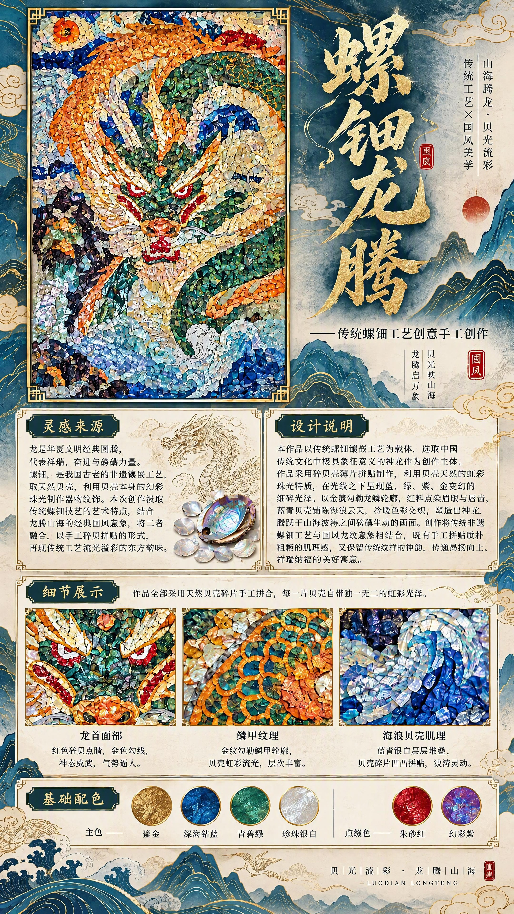 将这张「螺钿龙腾」设计作品说明图整体升级为4K超清版本，保持原… - 图片创意预览