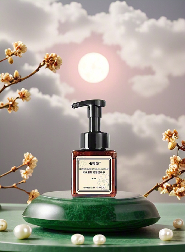 整体色调以柔和的暖棕、温润的墨绿为主，搭配珍珠的皎白，在月下梅枝的映衬下，营造出雅致且富有诗意的氛围，尽显产品的温婉质感。