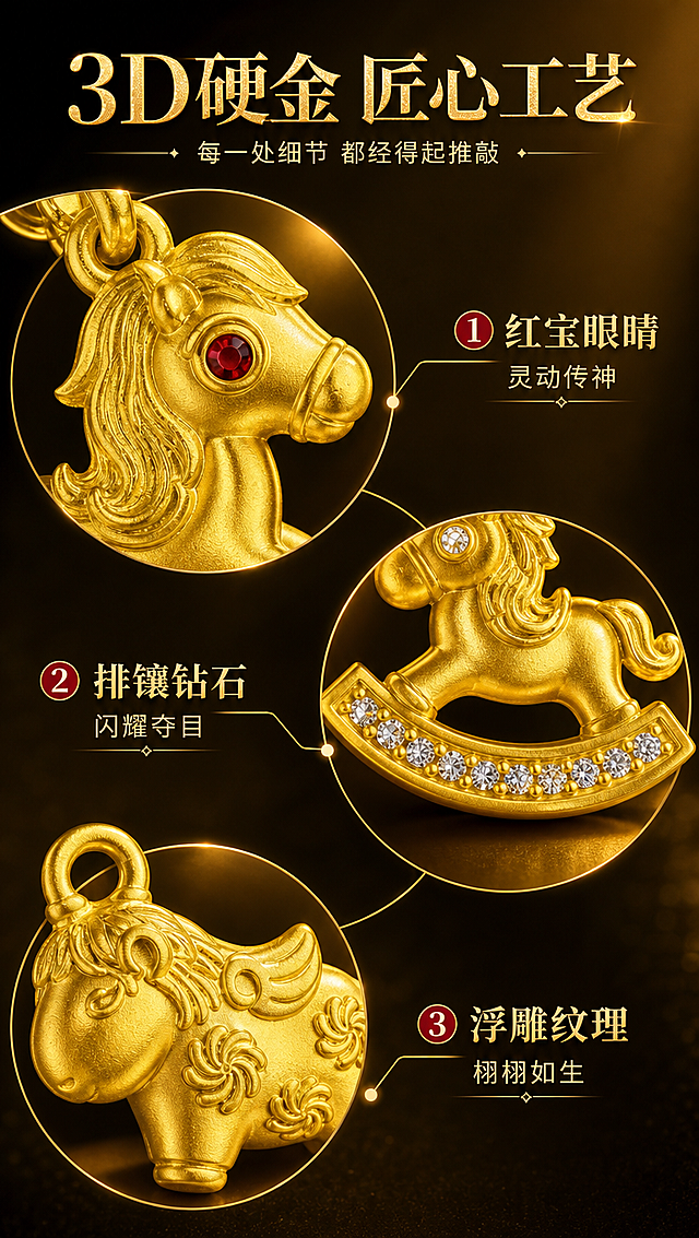 [商品] 使用【图1】中红眼小马吊坠、带钻摇摇马吊坠、唐马吊坠三款的细节部位；保留黄金表面纹理、钻石镶嵌结构、眼睛红宝/白钻细节、花纹雕刻、金属打磨质感；商品处理：微距放大细节，增强黄金肌理与宝石火彩，呈现3D硬金工艺的精致度。
[画面] 页面目标：细节工艺展示，突出3D硬金精湛做工。构图：左上方大特写=小马吊坠红眼睛宝石镶嵌微距，右中部特写=摇摇马底座钻石排镶细节，左下方特写=唐马表面浮雕纹理微距；三个特写呈错落三角布局，中间用细金线连接。背景为深棕金渐变，突出黄金高光。
[视觉] 套系策略：风格=轻奢黄金珠宝商业摄影风；标题字=优雅衬线粗体；正文字=圆润无衬线体；主色=暖金色+深棕金；背景延展=深棕金到黑色渐变、暗调聚光效果；强调色=正红色，仅用于小面积标签和重点文字高亮；标题色=亮金色；正文色=浅金灰；组件=细金线引线+圆点标注、圆角暗金信息卡；光影=聚光侧逆光，打造黄金边缘高光与宝石火彩。
[文字] 画面顶部主标题「3D硬金 匠心工艺」，副标题「每一处细节 都经得起推敲」，三个细节旁配引线标注：①红宝眼睛 灵动传神 ②排镶钻石 闪耀夺目 ③浮雕纹理 栩栩如生。文字清晰可读，不遮挡核心细节。
[规格] 图片比例9:16竖版，4K分辨率，负向提示：避免变形、错字、文字过小、冷蓝调、黄金颜色偏色、细节模糊、塑料感、脏污。
