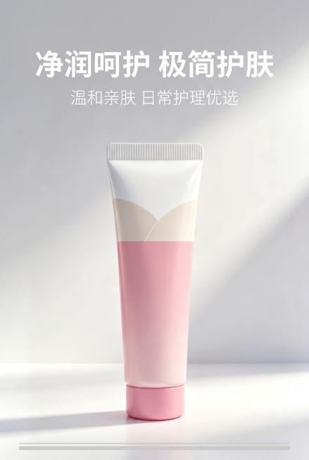 严格还原参考图的包装设计、产品配色、LOGO位置及比例、文字内容及字体、图案元素及细节，无偏差色彩不失真。画面比例为2:3竖版，高级简约风，马卡龙柔粉白主色调，柔和自然光左侧45°入射，无强反光无重阴预览效果