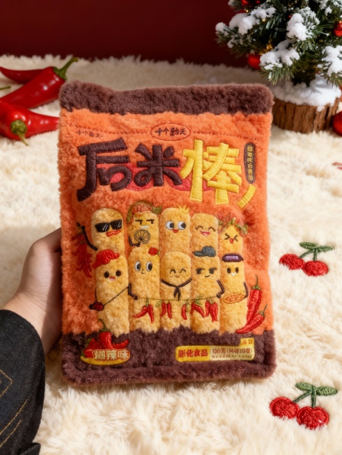 将图示商品变成毛绒摇粒绒质感，瓶身有精致刺绣文字与图案，还原商品颜色细节。放在米白色毛绒地毯上（点缀樱桃刺绣装饰），背景为辣椒、积雪圣诞树摆件。预览效果