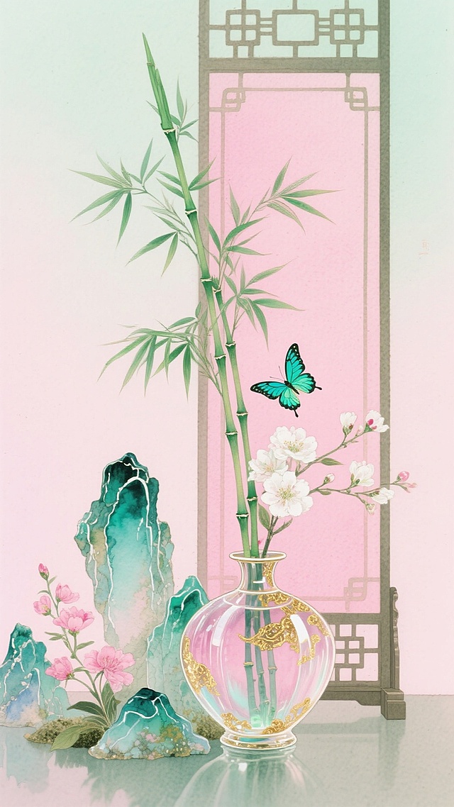 新中式，主体为透明琉璃质感的中式静物组合，包含插着翠竹的淡粉描金圆形花瓶、琉璃假山石群、粉白花朵，搭配飞舞的蓝绿色蝴蝶。在中式屏风前。营造清新氛围，搭配金色点缀。画面呈现粉绿色调，干净的粉色渐变背景