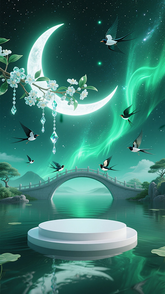 画面营造出梦幻的七夕氛围，新月高悬，喜鹊翩飞，鹊桥横跨湖面，花枝缀着水晶，极光般的绿光萦绕，白色平台静立，尽显浪漫神秘的七夕意境。