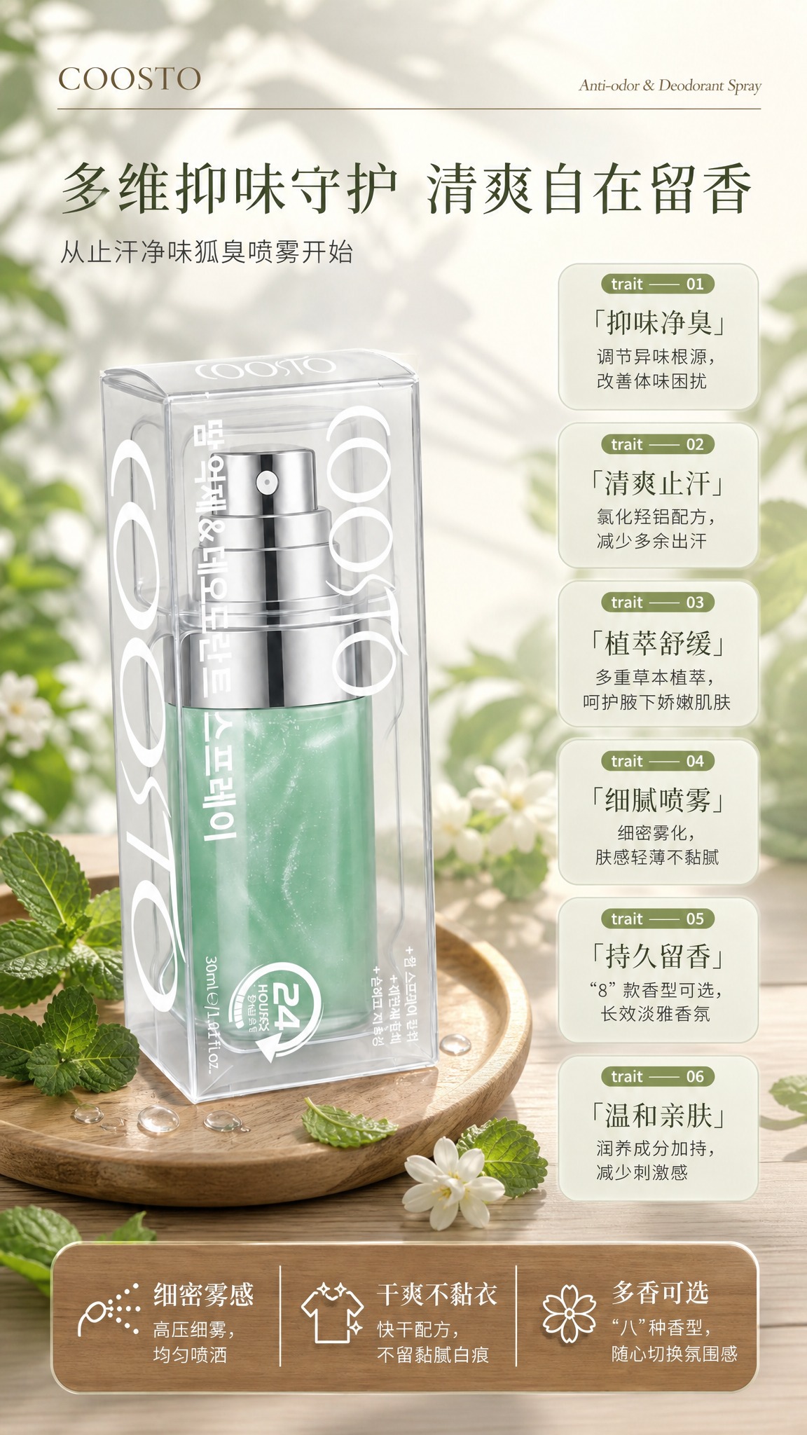 美妆个护止汗净味喷雾海报，竖版9:16，自然植萃风格，清新薄荷… - 图片创意预览