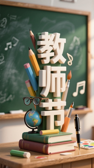 竖着放置"教师节"文字，由书本、粉笔、地球仪、眼镜、铅笔，钢笔，画笔、音乐符号构筑三维立体的汉字，物体堆积的质感，背景是放大的墨绿色的黑板。预览效果