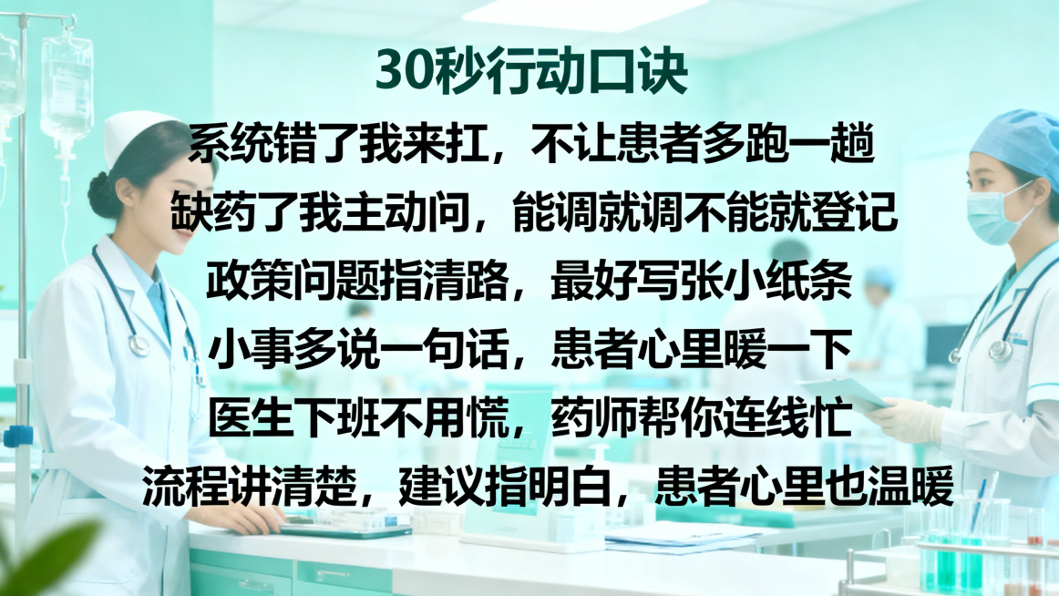 医疗机构药剂科窗口服务培训PPT口诀页，大标题：30秒行动口诀，正文列出全部口诀：系统错了我来扛，不让患者多跑一趟；缺药了我主动问，能调就调不能就登记；政策问题指清路，最好写张小纸条；小事多说一句话，预览效果