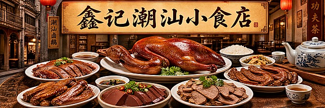 潮汕小食店海报设计，横版，写真风格，鹅肉系列主题。画面主体是一桌丰盛的潮汕卤鹅宴，中间是整只卤鹅，色泽金红油亮，周围摆放着卤鹅肉拼盘、鹅肝、鹅掌、鹅翼、鹅血，配上白米饭和潮汕特色小菜，还有一壶功夫茶，尽显潮汕饮食文化。画面上方是大气的店名"鑫记潮汕小食店"，书法字体，传统韵味十足。背景是复古潮汕骑楼或传统食店环境，暖色调灯光，温馨有烟火气。美食摄影风格，真实细腻，色彩饱满，富有食欲。不要出现优惠字眼、地址和电话号码。高清商业海报质感。