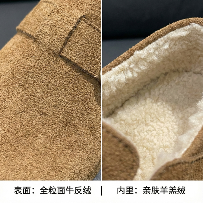 左右分屏布局

左侧：牛反绒表面微距特写

右侧：鞋口羊羔绒微距特写

底部居中一行小字：“表面：全粒面牛反绒 | 内里：亲肤羊羔绒”预览效果