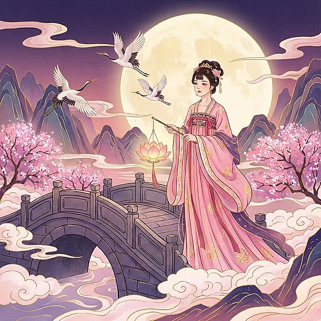 一位身着粉色襦裙的少女，手持莲花灯，站在云雾缭绕的古桥上，身后是飞舞的仙鹤与满月，背景为层叠的山峦与发光的樱花树，整体色调以粉紫、靛蓝、鎏金为主，线条流畅，色块分明，具有浓郁的东方奇幻色彩和装饰性插画风格