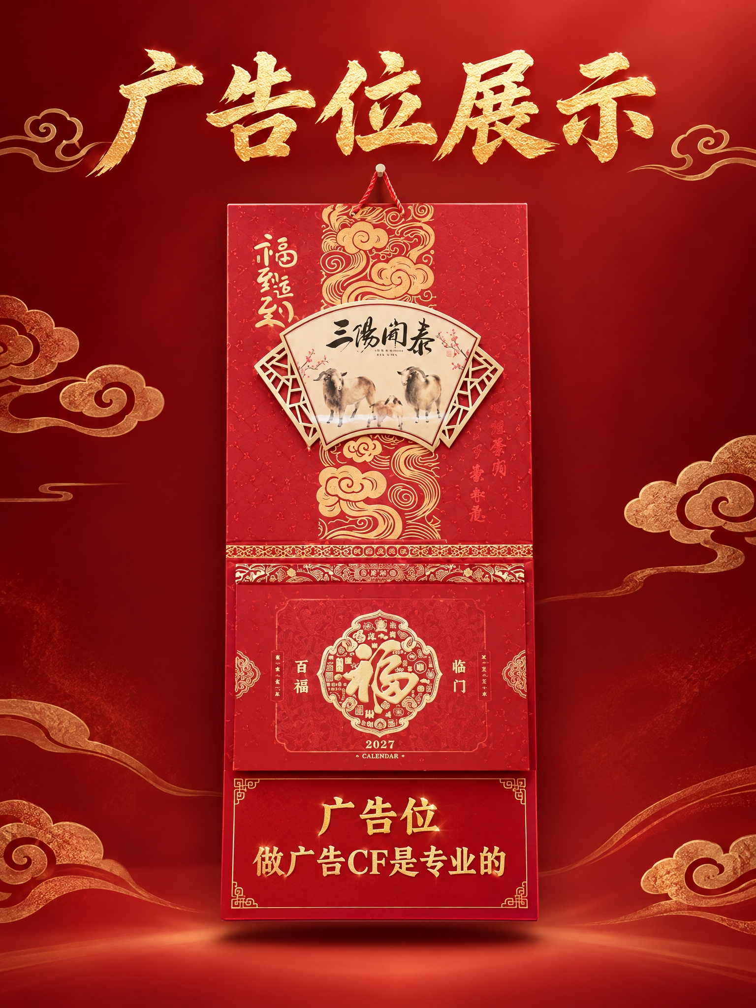 深红色渐变背景，点缀淡金色祥云纹理。画面中央悬挂展示撕历产品，… - 图片创意预览