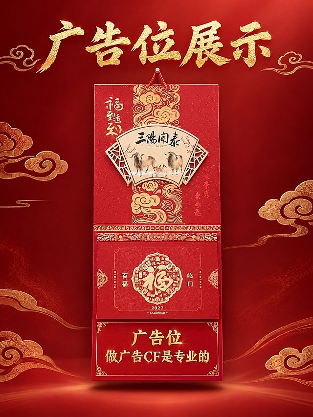 深红色渐变背景，点缀淡金色祥云纹理。画面中央悬挂展示撕历产品，撕历下的红色底板为广告位，广告位上添加金色文字"广告位 做广告CF是专业的"，分两行居中排列。撕历整体占画面约60%，外观、颜色、烫金细节保持。底部有柔和阴影。上方金色大字标题"广告位展示"。