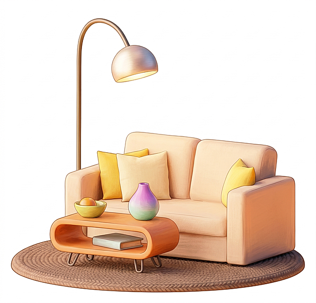 将原图改为半写实半手绘风格，保留沙发、落地灯、茶几、花瓶所有物品布局和位置不变，只改画风，保持半写实半手绘质感，线条柔和，色彩保留原图暖色调，画质细腻清晰