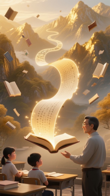 第一焦点（视觉中心 & 起点）：教师的面向展开的书本，卷轴上发光。
第二焦点（沿卷轴向下引导）：视线跟随卷轴流向，自然落到学生对弈的目光，看向教师的面容，感受到交流。
第三焦点（视线横向移动）：在视线预览效果