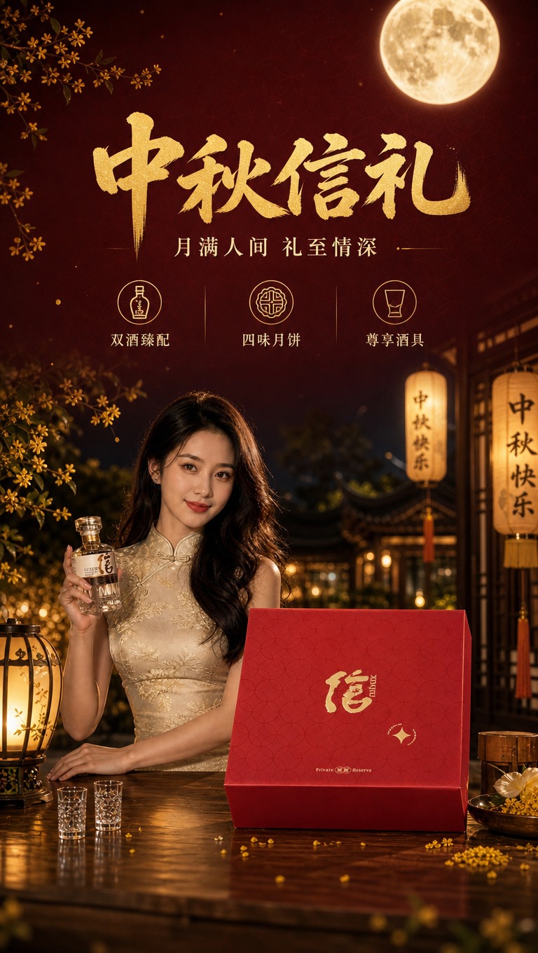 [商品] 使用【图1】中秋信礼礼盒及旗袍女性手持白酒瓶场景；保… - 图片创意预览