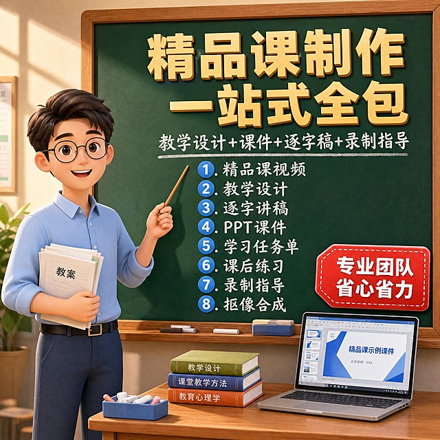 [主图-1] 主题：基础教育精品课制作全包服务 一站式搞定。拼多多风格，大字直白，性价比感强。
[统一基调] 3D卡通插画风格，黑板教室场景为核心视觉，深绿色黑板配木框，米黄色立体大字标题，蓝色序号图标，整体明亮温暖，教育专业感。
[画面] 画面左侧是一位3D卡通风格的年轻男老师，短发清爽，戴圆框眼镜，穿浅蓝色衬衫，面带微笑，右手拿着教鞭指向黑板，左手抱着一叠教案。画面右侧及上方是深绿色木质边框黑板，黑板上用粉笔写着课程服务内容。黑板下方的木质讲台上摆放着粉笔盒、黑板擦、几本书籍和一台打开的笔记本电脑，电脑屏幕显示PPT课件界面。整体构图为左人物右黑板的左右分栏布局，人物占画面约40%，黑板信息区占约60%。
[光影质感] 柔和的教室自然光，从左上方照射，人物和物体有自然的阴影，3D卡通渲染质感，圆润可爱，色彩饱满。
[配色] 主色：深绿黑板色 + 木棕色边框；标题字色：米黄色立体字；强调色：亮蓝色（序号图标）；辅助色：浅蓝衬衫、米白粉笔字。
[文字版式] 黑板顶部最大号米黄色立体粗体字主标题："精品课制作 一站式全包"；下方稍小白色粉笔字副标题："教学设计+课件+逐字稿+录制指导"；左侧竖排8个蓝色圆形序号图标配白色粉笔字服务项目：1.精品课视频 2.教学设计 3.逐字讲稿 4.PPT课件 5.学习任务单 6.课后练习 7.录制指导 8.抠像合成。右下角红色促销标签写着"专业团队 省心省力"。文字清晰可读，不遮挡人物面部。
[输出要求] 比例1:1，文字清晰，画面干净，3D卡通风格统一。负向：变形、错字、模糊、杂乱、水印、平台Logo、闲鱼字样、真人照片、恐怖元素。
