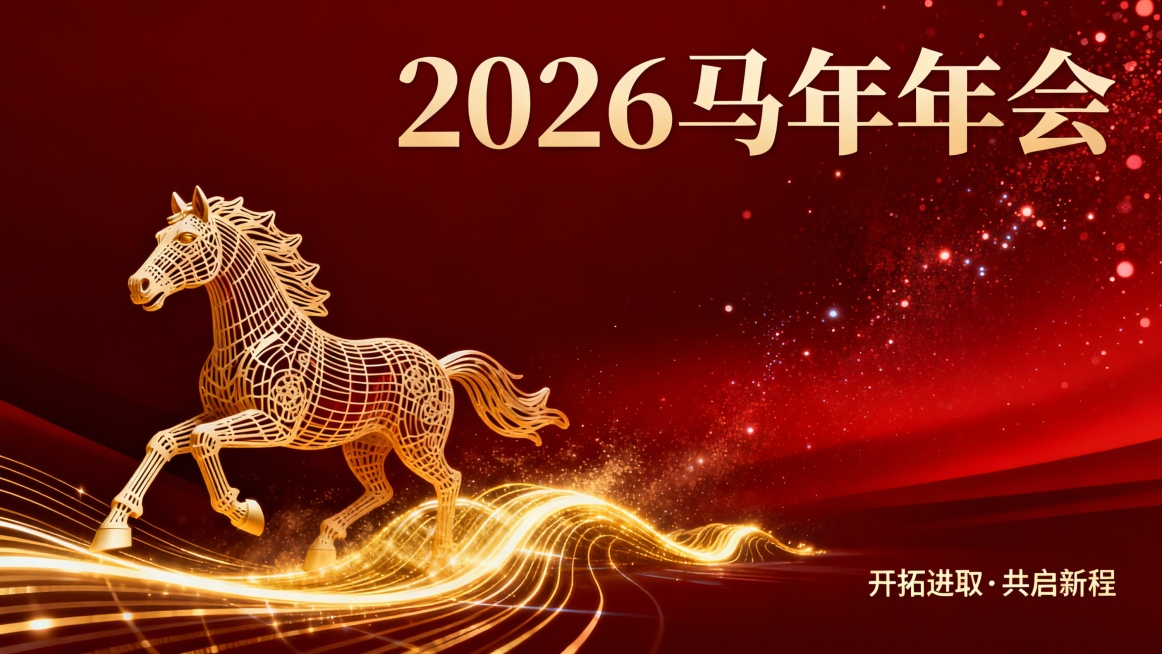 企业2026马年年会主题海报，深邃红色渐变背景，叠加微光粒子效果，左下角有线条3D镂空的奔腾骏马，四蹄踏金色光浪奔腾向前，融入科技感光影线条，极简现代风格，兼具正式感与视觉冲击力，骏马象征企业开拓进取预览效果
