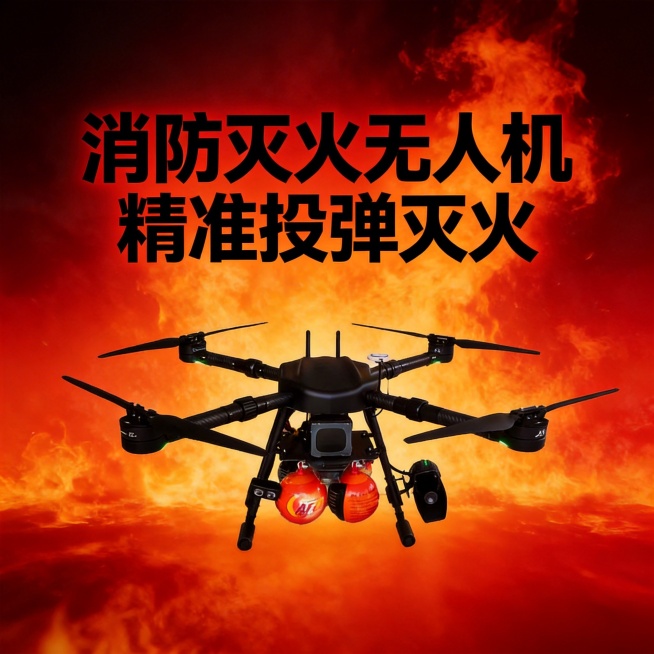 消防灭火无人机电商主图，3秒抓眼球，用强烈的红黑对比色调，突出无人机挂载的橙色灭火弹，背景用火焰渐变效果，主标题“消防灭火无人机 精准投弹灭火”用粗黑体放大，画面充满力量感和专业感预览效果