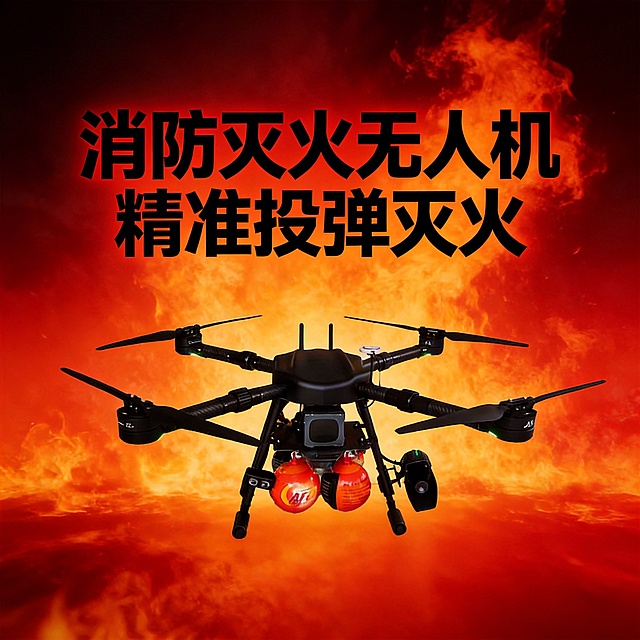 消防灭火无人机电商主图，3秒抓眼球，用强烈的红黑对比色调，突出无人机挂载的橙色灭火弹，背景用火焰渐变效果，主标题“消防灭火无人机 精准投弹灭火”用粗黑体放大，画面充满力量感和专业感