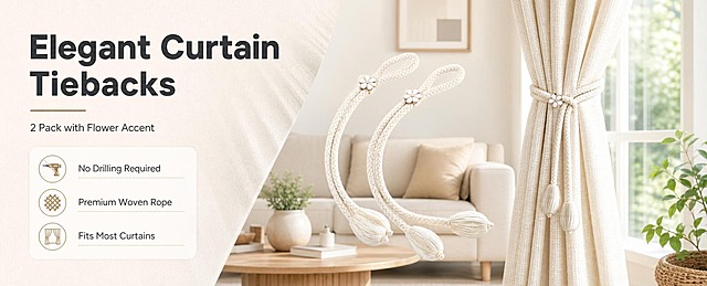 [商品] 使用【图1】米白色花朵装饰窗帘绑带（2件装）；保留双股编织绳结构、五瓣白色小花金属装饰扣、两端水滴形流苏坠头、米白编织材质与整体比例；增强编织纹理质感、五金光泽与缝线细节，不改变产品颜色和结构。
[画面] 目标：头图海报，展示产品全貌与真实使用效果。构图：左文右图，左侧约占35%为文案区，右侧约占65%为场景产品区。主体位置：右侧为现代简约客厅窗边，米白色亚麻窗帘被绑带束起，前景悬浮展示2根完整绑带。主体占比：产品+窗帘共占画面60%。景别：中景，窗帘从顶到地完整呈现。阅读动线：从左上标题到右侧产品。前中后景：前景悬浮绑带、中景窗帘与窗、后景虚化客厅家具。场景：明亮北欧风客厅，自然光从右侧窗户洒入。
[视觉] 套系策略：风格=跨境极简高级家居商业摄影；标题字=现代无衬线粗体；正文字=简洁无衬线体；主色=暖米白；背景延展=基于暖米白做深浅层级、同色渐变和细腻织物/哑光墙面质感；强调色=浅金棕，仅用于小面积图标、引线和标签；标题色=深炭灰；正文色=中暖灰；组件=圆角浅底信息卡、细线引线、圆形图标；光影=左前侧暖柔光，自然窗光辅助。
[文字] 左上主标题"Elegant Curtain Tiebacks"，副标题"2 Pack with Flower Accent"，下方3个短卖点：No Drilling Required、Premium Woven Rope、Fits Most Curtains；文字横向排版，不遮挡产品主体。
[规格] 图片比例61:25横版，4K分辨率，避免变形、错字、文字过小、冷蓝/蓝灰背景、产品颜色改变、结构失真、亚洲面孔。