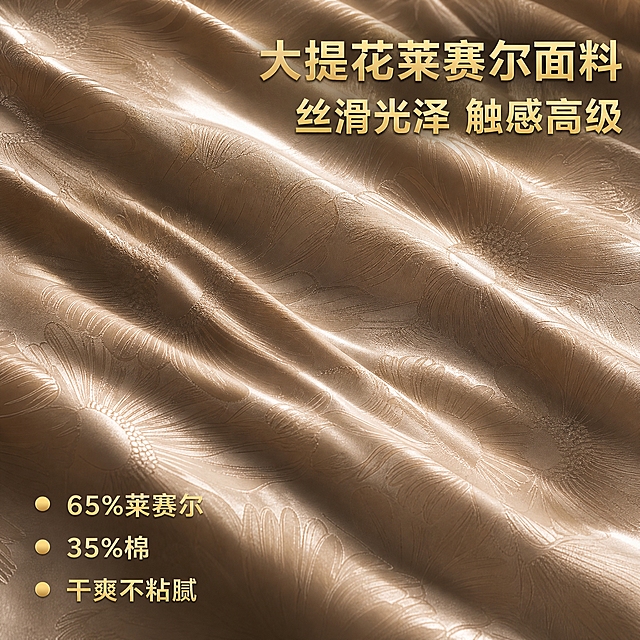 基于【图4】蚕丝被大提花面料特写图，生成抖音1:1电商主图第2张。保留香槟金提花面料、雏菊大提花纹理、丝滑光泽、牡丹花绗缝完全不变。画面裁剪为1:1正方形，面料纹理满屏，丝质光泽流动感强。右上角大标题两行，第一行"大提花莱赛尔面料"，第二行"丝滑光泽 触感高级"，标题深金色粗体。左下角三个卖点竖排，分别是"65%莱赛尔""35%棉""干爽不粘腻"，每个前加金色小圆点。整体暗调侧光突出面料光泽与提花肌理，高端质感，文字清晰，无水印无平台Logo。