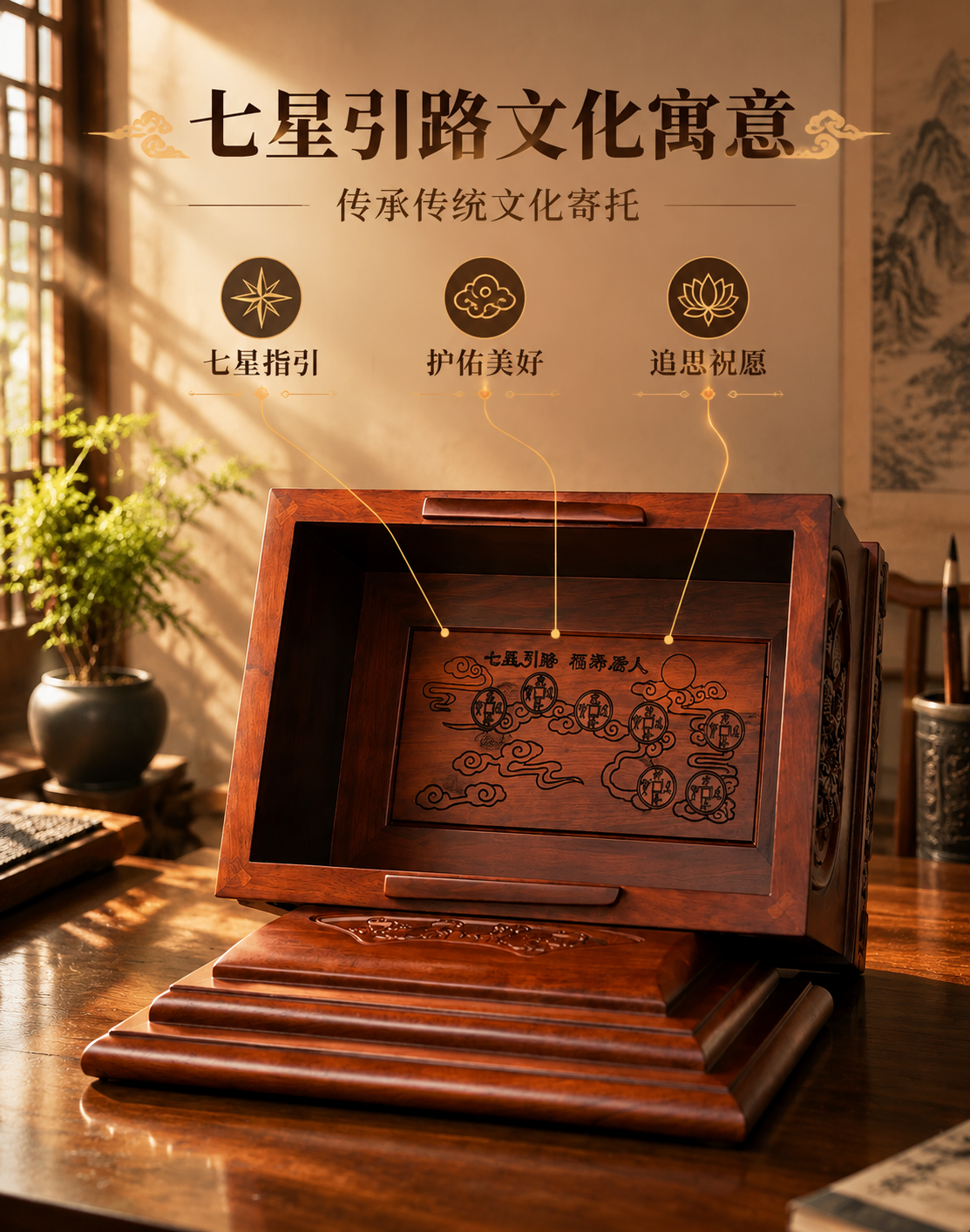 [主图-2 文化寓意] 展示七星引路文化内涵，突出内部七星纹饰… - 图片创意预览