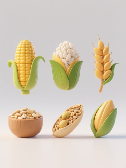 六个不同杂粮谷物（如玉米、小麦、水稻、大豆、燕麦、小米等）的3D渲染图标，每个谷物保持高写实质感，表面有细腻的纹理和自然光泽，色彩鲜艳饱满，符合各自品种的真实色泽，带有简约的绿色叶子或植物部分作为点缀，所有图标以规整的网格状排布，置于纯白色纯色背景上，整体造型简约现代，无任何文字、logo和水印，光影统一为柔和的顶部光源，营造出干净、清晰、专业的视觉效果。预览效果