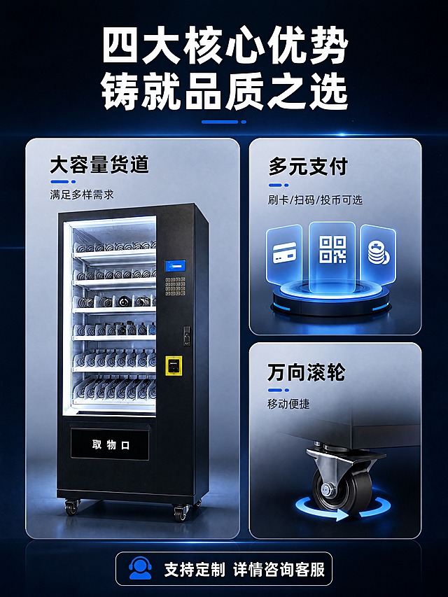 [商品] 使用【图1】弹簧货道款智能自动售货机；保留黑色机身、透明玻璃门、弹簧螺旋货道、显示屏、按键区、黄色支付模块、取物口、万向滚轮、整体比例和颜色。
[画面] 详情页第2张·核心卖点总览，目标展示4大核心优势。左1大+右2小瀑布流卡片版式，左侧大卡片放产品正面大图占画面50%，右侧上下2张小卡片各配一个卖点图标和说明；深蓝黑渐变背景，卡片用浅灰蓝圆角底。
[视觉] 套系策略：风格=深色科技商业摄影风；标题字=粗黑无衬线黑体；正文字=简洁无衬线体；主色=深蓝黑；背景延展=基于深蓝黑做渐变层次、科技光效；强调色=亮蓝色，仅用于小面积图标、引线、标签和光效；标题色=白色；正文色=浅灰蓝；组件=圆角信息卡、细线引线、发光图标；光影=前侧主光+背景轮廓光，产品立体感强。
[文字] 顶部主标题"四大核心优势 铸就品质之选"；左侧大卡配文"大容量货道 满足多样需求"；右上卡片配图标+"多元支付 刷卡/扫码/投币可选"；右下卡片配图标+"万向滚轮 移动便捷"；底部加"支持定制 详情咨询客服"小标签。
[规格] 图片比例3:4竖版（宽750px高1000px），分辨率4K，负向提示：避免变形、错字、文字过小、产品结构错乱、连续同构icon矩阵、白底。