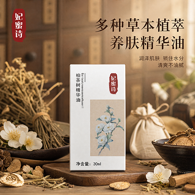 [主图-1] 首图品牌调性，展示妃蜜诗柏茶树精华油产品包装盒，传递多种草本植萃、中药养肤的温润品质感。
[统一基调] 整体棕色中药风视觉，主背景为深浅渐变的暖棕与药棕色调，点缀干草本植物、中药材、山茶花枝叶等天然元素，字体选用干净的宋体细衬线体，主标题字色为深棕近黑，辅助文字为暖棕褐色，强调色为赭石红，整体氛围温润、古朴、天然、专业。
[画面] 产品包装盒居中偏下放置，正面完整展示，盒身白色底、红色印章式品牌标、山茶花图案与文字均与原图一致，占画面约55%。背景为深浅层次的暖棕色中药柜纹理虚化背景，左上角放置提取的同款妃蜜诗红色印章Logo。产品周围散落少量干山茶花、草本植物枝叶、中药材小布包、古朴陶碗等道具，营造中药草本养肤氛围。产品下方有柔和投影，自然落在棕色木质台面上。
[光影质感] 商业摄影质感，柔和侧上方主光，产品边缘清晰，盒面有细腻反光，阴影柔和自然，整体温润不刺眼，体现古朴中药房的自然光感。
[配色] 主色暖棕、药棕、米白，点缀赭石红、草木绿，整体统一棕色中药风，草本绿色仅作小面积点缀。
[文字版式] 左上角品牌Logo。画面右上方主标题大字：多种草本植萃 养肤精华油，下方两行辅助小字：润泽肌肤 锁住水分 清爽不油腻。文字均为横排，宋体细衬线体，主标题深棕色加粗，辅助文字缩小50%以上，放在负空间不遮挡产品。
[输出要求] 1:1正方形，2K高清，产品清晰不变形，文字清晰可读，无错字，画面干净有质感。禁止出现平台Logo、水印、二维码、极限词，禁止产品变形、悬浮、穿模，禁止杂乱背景。