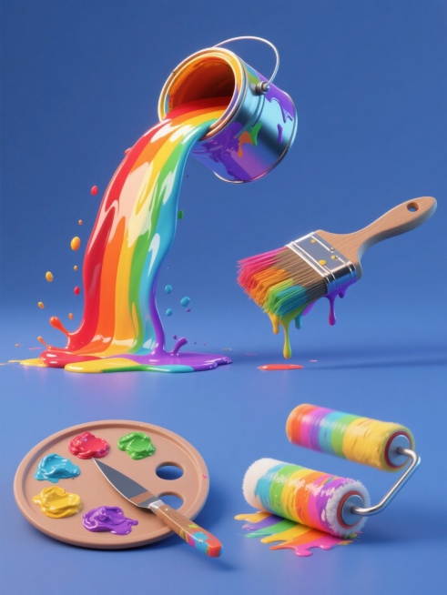 四个完全不同的油漆元素规整排布的系列素材集合，每个元素均采用高写实3D渲染风格，具有鲜艳饱满的彩虹渐变色（红、橙、黄、绿、蓝、紫），表面呈现光滑湿润的油漆质感和强烈的高光反光效果，纯色背景。从左到右、从上到下分别为：1. 一个倾斜的油漆桶，桶口有彩色油漆正向外倾倒，形成弧形的油漆流和飞溅的油漆滴；2. 一把宽头油漆刷，刷毛部分蘸满多种颜色的油漆，刷毛间有油漆滴落，刷柄清晰可见；3. 一个圆形调……预览效果