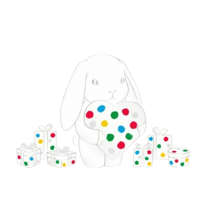 画风一致，将图片中的小熊换成垂耳兔，抱着心形礼盒，周边加几个小小的不同款式的礼盒，色调融合，简约大气预览效果