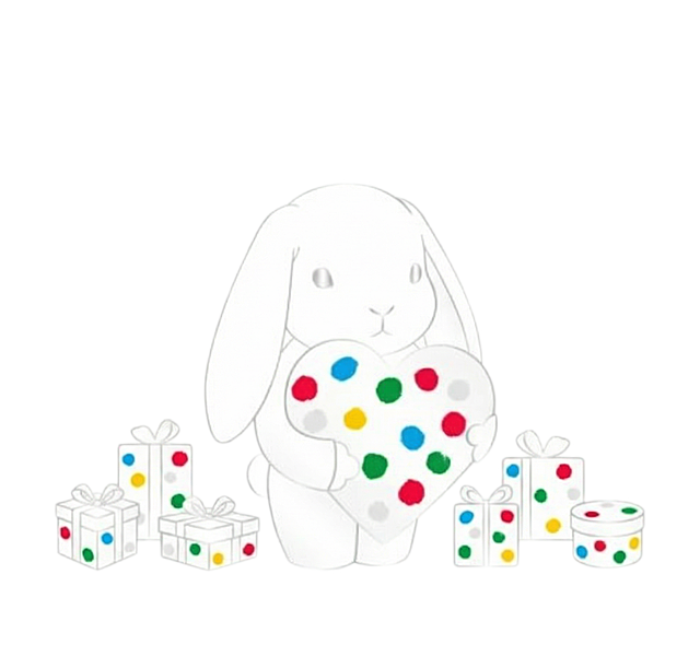 画风一致，将图片中的小熊换成垂耳兔，抱着心形礼盒，周边加几个小小的不同款式的礼盒，色调融合，简约大气