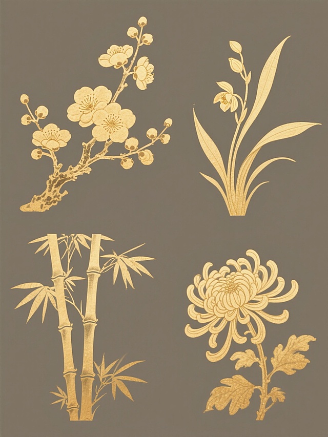 纯色背景，金色调，中国传统水墨风格，四幅植物插画规整排布组成系列素材集合。每幅插画均采用流畅的线条勾勒轮廓，叶片和枝干填充均匀的金色，边缘略带模糊晕染效果，呈现出淡雅而精致的视觉质感。左上角为梅花，枝干遒劲，金色花瓣层层叠叠，花蕊清晰可见；右上角为兰花，叶片修长飘逸，金色花朵小巧雅致，散发着清幽之气；左下角为竹子，竹竿挺拔，竹叶疏密有致，展现出坚韧不拔的姿态；右下角为菊花，花瓣呈放射状舒展，金色的花朵饱满而富有层次感，尽显高洁之态。整体画面简洁大方，风格统一，四幅插画在构图和表现手法上保持一致，共同营造出和谐典雅的氛围。