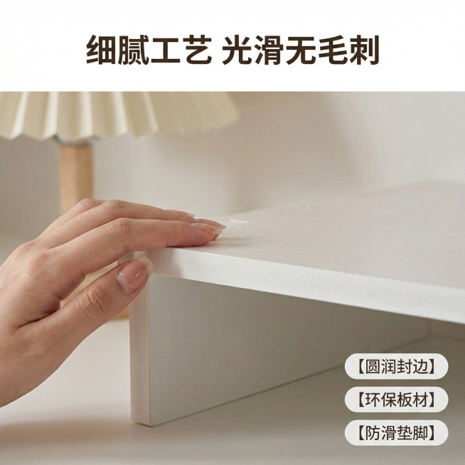 [主图 3] 增高架工艺细节展示图
[氛围/风格] 温馨简约家居风格，统一暖调自然光，和前两张光影保持一致。
[画面元素] 保持产品整体外观不变，放大展示增高架的边缘封边和板面细节，手部触摸展示板面光预览效果