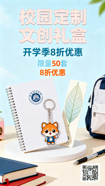 9:16竖版促销海报，校园定制文创礼盒促销，包含笔记本、钥匙扣、书签产品实物元素，青春活力风格，面向在校大学生，主标题文字"校园定制文创礼盒"，促销文案"开学季8折优惠"、"限量50套"，右下角放置购预览效果