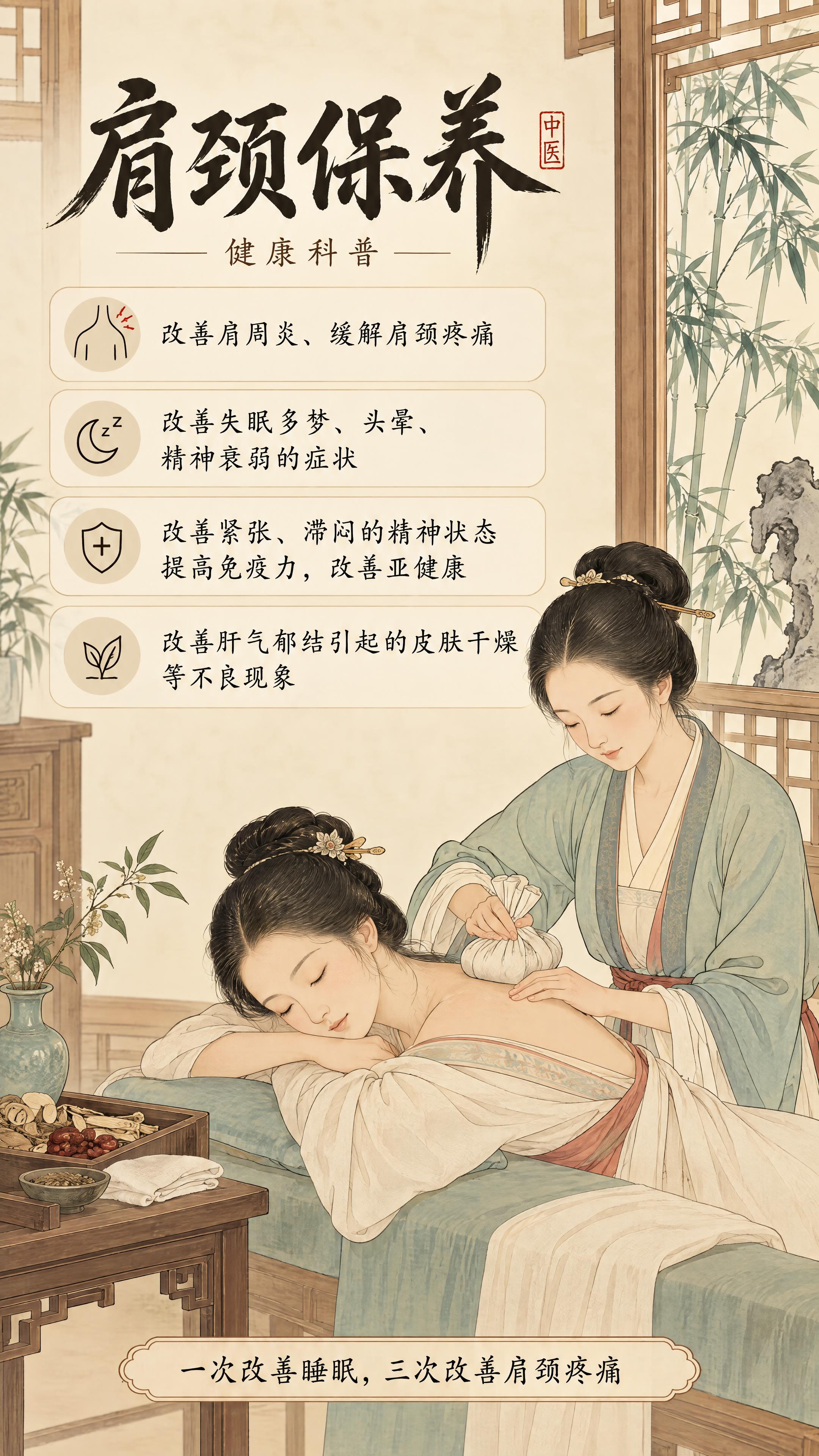 参考图一的肩颈保养海报内容，参考图二的清爽干净宋代工笔画风格，… - 图片创意预览