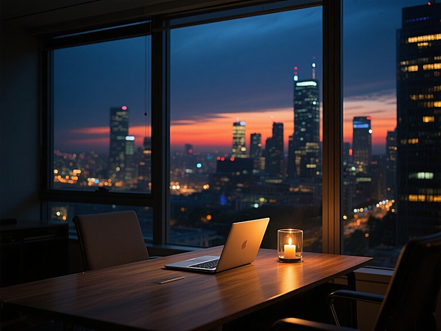 夜晚城市背景的办公场景，从不同视角展现。大型落地窗，窗外是华灯初上的繁华都市夜景，天空呈现出深蓝到橙红渐变的暮色。木质桌面上，一台打开的笔记本电脑，旁边有一个点燃的玻璃烛台，烛光温暖。整体画面采用写实风格，光影效果突出，营造出宁静而专注的办公氛围，色调以深蓝、橙色和暖黄为主，光线柔和，细节丰富，具有电影般的质感。