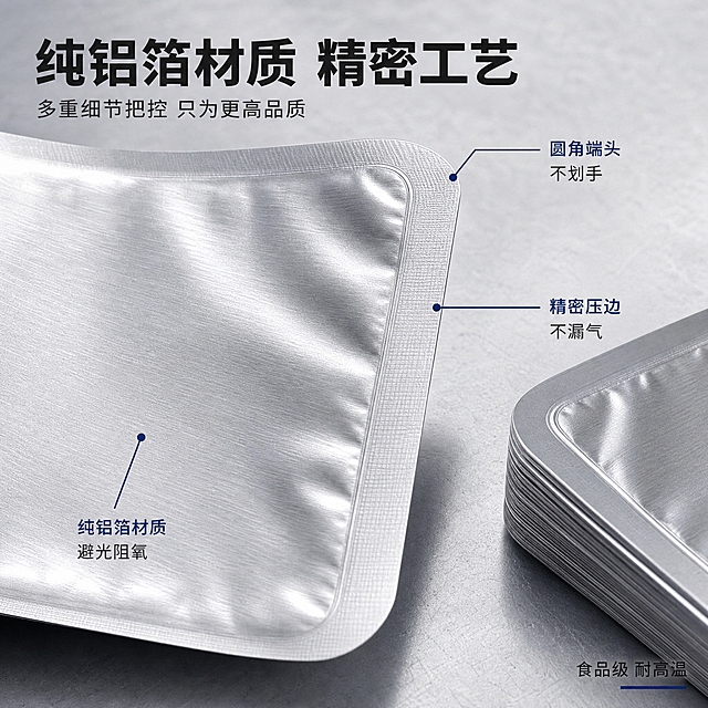 [主图-3] 材质细节与品质，微距展示纯铝箔真空袋的铝箔材质纹理、封口工艺与圆角细节，体现高级质感与精密做工。
[统一基调] 1688 B端源头工业风，高级简约，背景为浅灰色渐变+轻微工厂台面质感，主色银灰+深灰，标题字深灰黑体加粗，辅助字中灰，强调色藏蓝，字体为无衬线黑体，卡片用细描边半透明灰底。
[画面] 画面主体为纯铝箔真空袋的一角微距特写，圆角端头完整清晰，封口压边的纹理细腻可见，铝箔表面有真实的金属拉丝纹理与光线反射；旁边叠放另一袋的边角展示厚度；用引线标注三个细节点：「圆角端头 不划手」「精密压边 不漏气」「纯铝箔材质 避光阻氧」；产品颜色、形状与原图完全一致，不变形不改色。
[光影质感] 微距摄影质感，柔和侧光突出纹理细节，铝箔表面高光细腻，阴影过渡自然，体现高级金属质感。
[配色] 银灰铝箔+浅灰背景+深灰文字+藏蓝标注，精致工业风。
[文字版式] 左上角主标题「纯铝箔材质 精密工艺」黑体加粗；三个引线标注分布在产品周围，文字小号清晰；右下角小字「食品级 耐高温」。
[输出要求] 比例1:1，2048x2048，细节清晰，材质真实，产品不变形；负向：产品变形、圆角改变、颜色偏差、纹理失真、模糊、错字、悬浮。