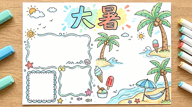 大暑手抄报，A4横版，马克笔手绘风格，整体色调清新。画面绘制椰子树和冰淇淋，右侧插图左侧文字区域，顶部标题“大暑”，马克笔笔触鲜艳，配色以浅蓝浅绿为主，海边度假清凉感，排版活泼，预留文字抄写空间，符合小学生手抄报风格。16:9比例，2k分辨率，超高清。负向提示词：变形，水印，文字错乱，颜色暗沉，排版杂乱