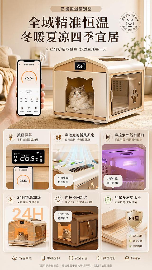参考图片风格，重新生成画面内容「图片1」「图片1」「图片1」「图片1」「图片1」「图片1」「图片1」「图片1」「图片1」「图片1」做一套我这款产品的猫别墅的电商详情页，猫别墅智能款:【高130cm*宽60cm*深60cm】
数显屏幕手机控制恒温加热
声控宠物新风风扇
声控紫外线杀菌灯
24H 恒温加热 猫咪更适宜的温度
声控夜间灯光
F4星多层实木板环保护宠天然抗菌 一套完整的电商详情页。比例是9:16 10张