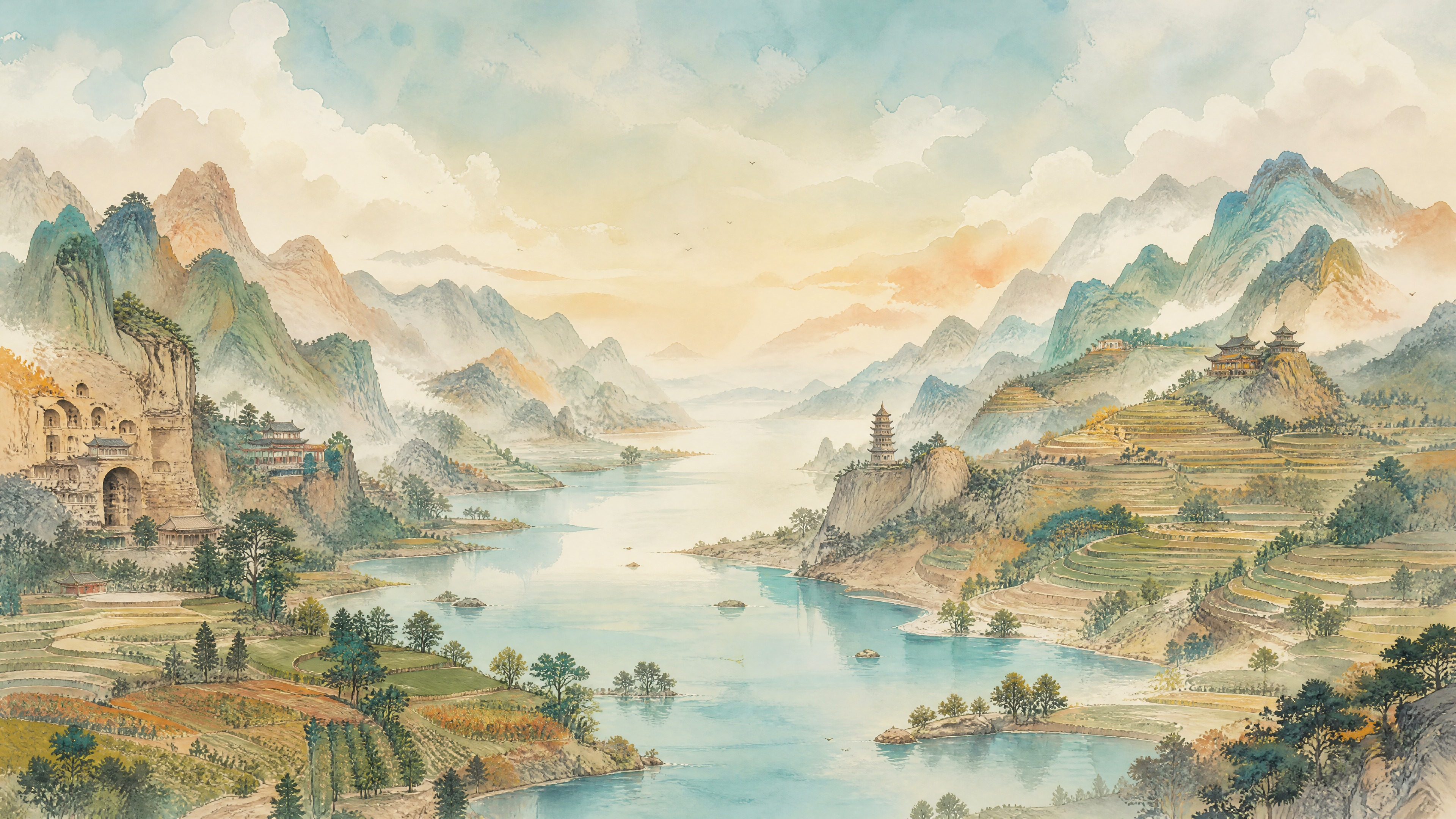 参考图1的国风水墨山水+城市地标的新中式插画风格，生成一张纯背… - 图片创意预览