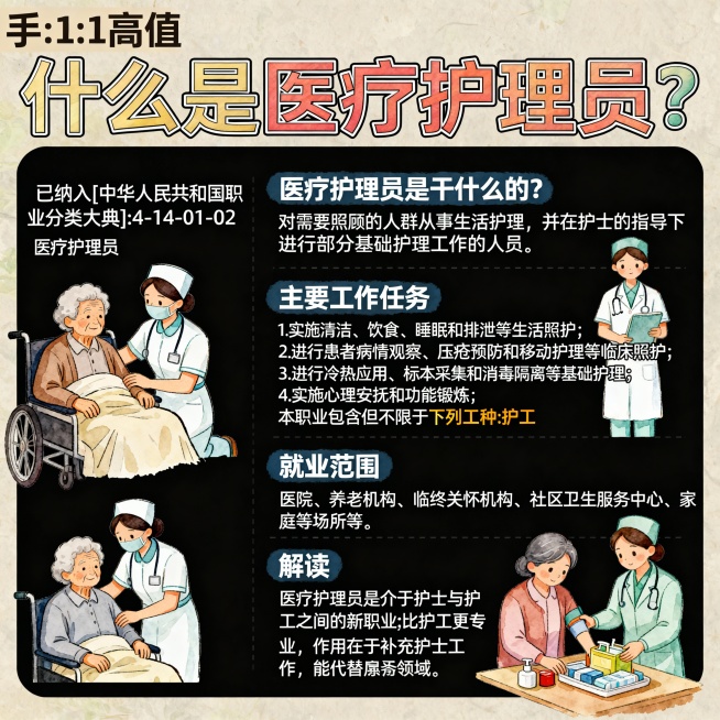 什么是医疗护理员?医疗护理员已纳入[中华人民共和国职业分类大典]:4-14-01-02医疗护理员医疗护理员是干什么的?对需要照顾的人群从事生活护理，并在护士的指导下进行部分基础护理工作的人员预览效果