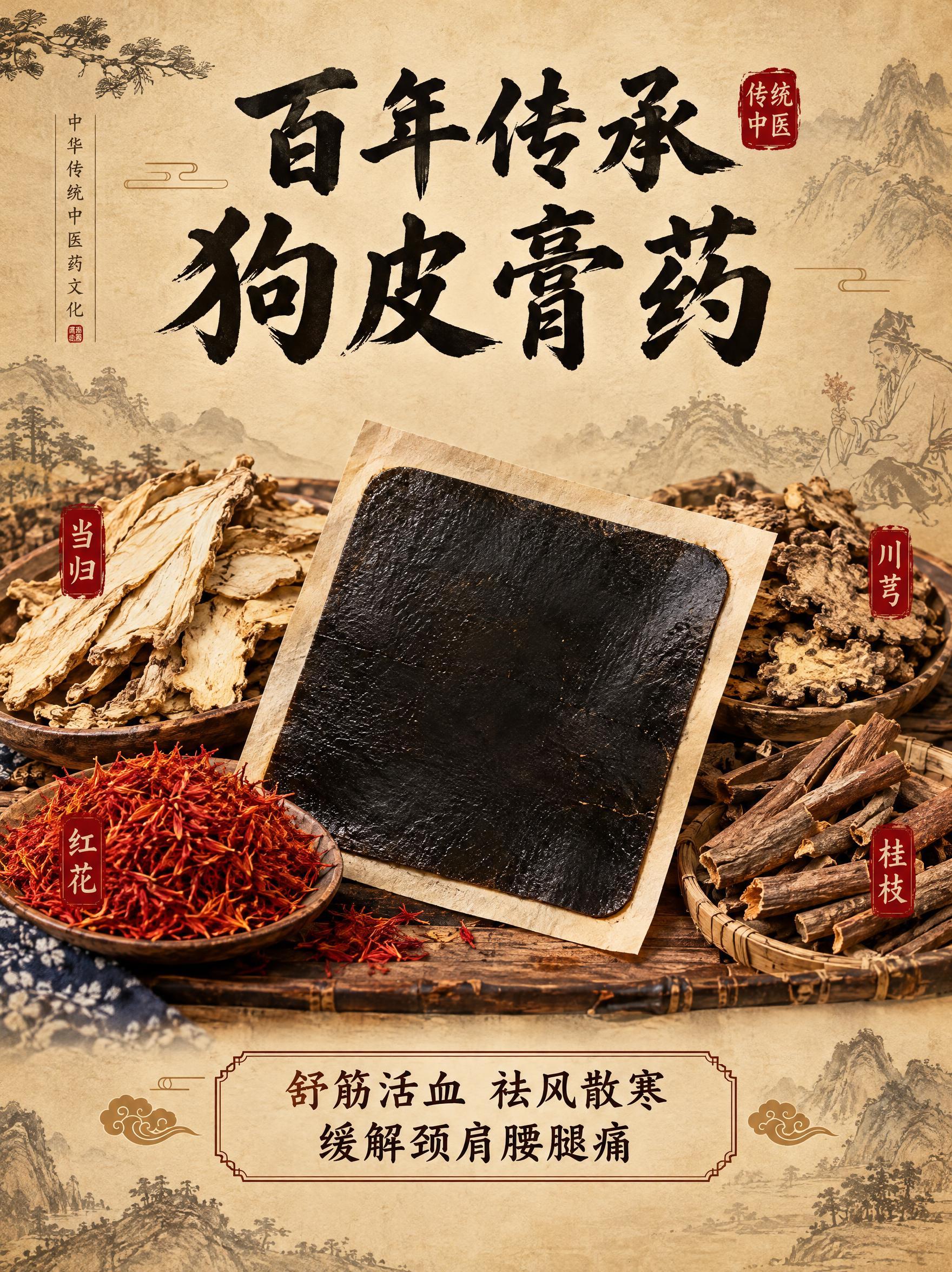 狗皮膏药广告海报，传统中医药风格，画面中央展示一块古朴的黑膏药… - 图片创意预览