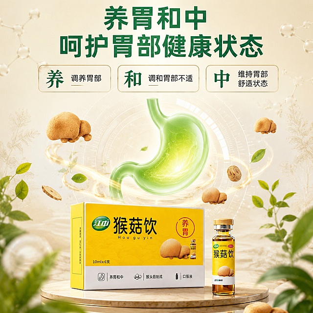 [主图-2] 功效核心图-养胃和中呵护胃部健康状态。本图使用【图2】作为产品底部展示，图生图保持产品外观一致。
[氛围风格] 高端OTC药品功效图，医疗科技融合，中式养生+现代科学，米白背景，高级感，专业可信。
[画质] 商业摄影+信息图结合质感，光线柔和，元素清晰，画面干净高级，4K超高清。
[元素] 画面中心：胃部简约3D模型（半透明绿色，柔和发光，非写实器官），占比约30%；胃部周围环绕：猴头菇食材+淡淡的中药材纹理底纹+绿色植物叶片点缀；画面底部：江中猴菇饮产品（药盒+1支瓶装）横向摆放，占比约25%；背景米白渐变，有轻微科技感网格线或分子结构装饰。保持产品外观与输入图一致。
[光影] 中心胃部模型自发光柔和，四周环境光均匀，产品区域有顶部柔光，底部自然投影，整体通透专业。
[配色] 主色米白#F8F4EC（70%）；辅色江中绿#00875A（20%）；点缀金色#C9A962（10%）。
[视角构图] 中心对称构图，胃部模型为视觉中心，产品在底部承托，阅读动线顶部标题→中心胃部→底部产品。
[文字版式] 顶部大标题两行：「养胃和中」「呵护胃部健康状态」，江中绿色大号粗体无衬线；下方三个小模块横向排列，每个模块一个大字+说明：「养 调养胃部」「和 调和胃部不适」「中 维持胃部舒适状态」，模块用细金线圆角卡片，文字深灰+绿色标题；文字不遮挡中心胃部和产品。
[输出要求] 1:1比例，2048×2048px，文字清晰可辨，超高清商业摄影质感。
[负向提示词] 修复胃黏膜，杀菌养胃，根治胃病，红色，毛笔字体，老中医风，器官写实，血腥，变形，文字错乱，水印，电商平台Logo。