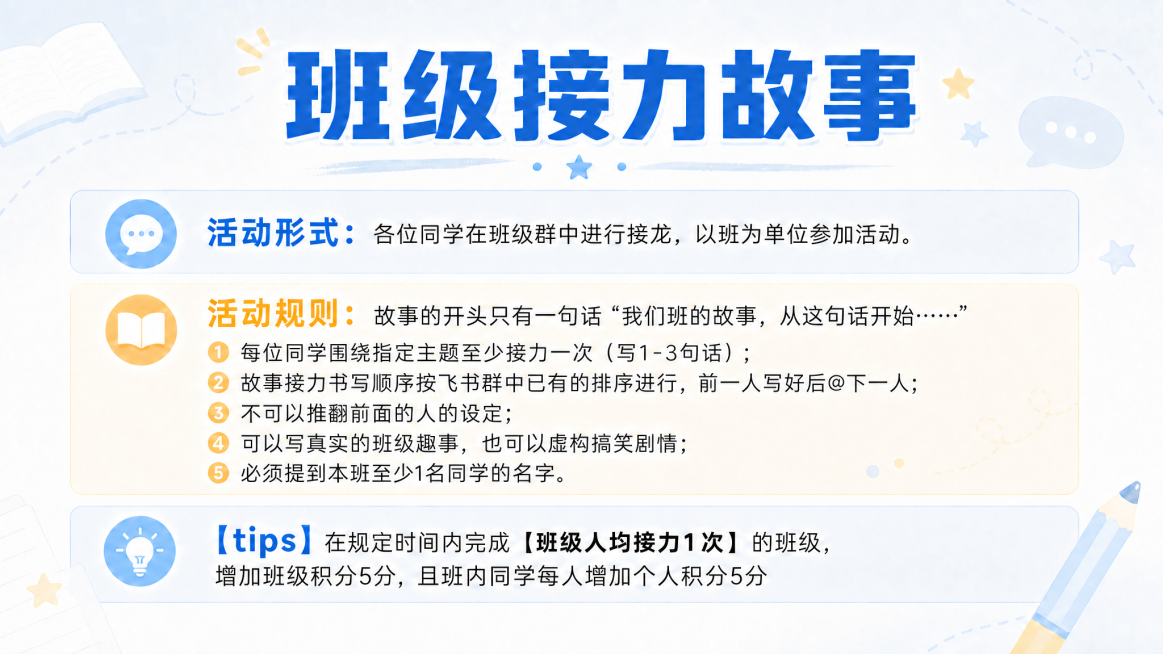 仅修改活动规则中指定的两条文字：将“1 班中每位同学至少接力1次（写1-3句话）”改为“1 每位同学围绕指定主题至少接力一次（写1-3句话）”；将“2 故事接龙书写顺序按飞书群中已有的排序进行”改为“预览效果