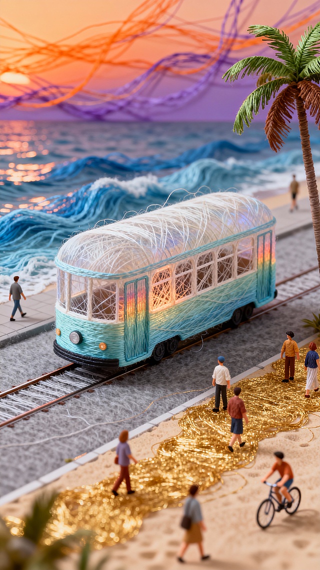 梦幻感与复古交织，微缩艺术风呈现刺绣质感的电车穿行于毛发生长般的海浪间，超现实主义场景中金色丝线铺就沙滩，温馨而诗意。