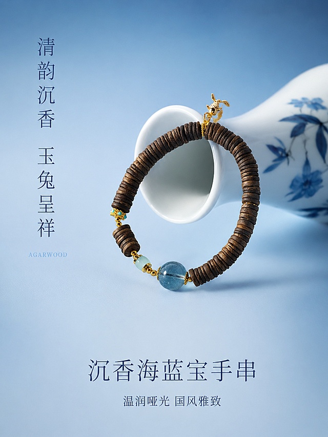 将图一中的沉香片珠手串完整保留，套用图二的清新渐变蓝背景+青花瓷瓶东方雅致国风摄影风格。手串珠子数量、珠径、天然木纹、油线分布、深浅色泽、串型结构、海蓝宝主珠、绿松石隔珠、金色隔片、金色玉兔吊坠必须与原图完全一致，保持温润哑光沉香原生质感，拒绝塑料光泽和过度提亮。竖版3:4构图。画面构图：沉香手串搭放在青花瓷瓶瓶口处，瓷瓶从右下向左上倾斜延伸，位于画面中上部分，背景为浅蓝到深蓝的渐变哑光背景，底部留有充足负空间，整体氛围清新雅致东方国风感。光影：柔和侧光从左上方照射，形成自然柔和的阴影，手串珠子表面呈现温润哑光质感，油线纹理清晰可见，海蓝宝主珠清透有光泽，金色隔片和玉兔吊坠温润金属光泽，无强烈反光。配色：主色调渐变蓝、青瓷白、沉香原木色、海蓝宝清透蓝，整体色调清新雅致有国风韵味。商品主体占画面约50%，居中偏上位置，画面满屏无边框。左侧负空间竖排两行大字"清韵沉香 玉兔呈祥"，纤细宋体，深蓝色，字号大而雅致；下方极小英文装饰"AGARWOOD"，纤细衬线字体，浅蓝色。底部负空间加文字，主标题"沉香海蓝宝手串"大号纤细宋体，深蓝色；副标题"温润哑光 国风雅致"小号同色系，上下排列居中。超高清商业摄影质感，细节锐利，景深适中，背景虚化柔和。