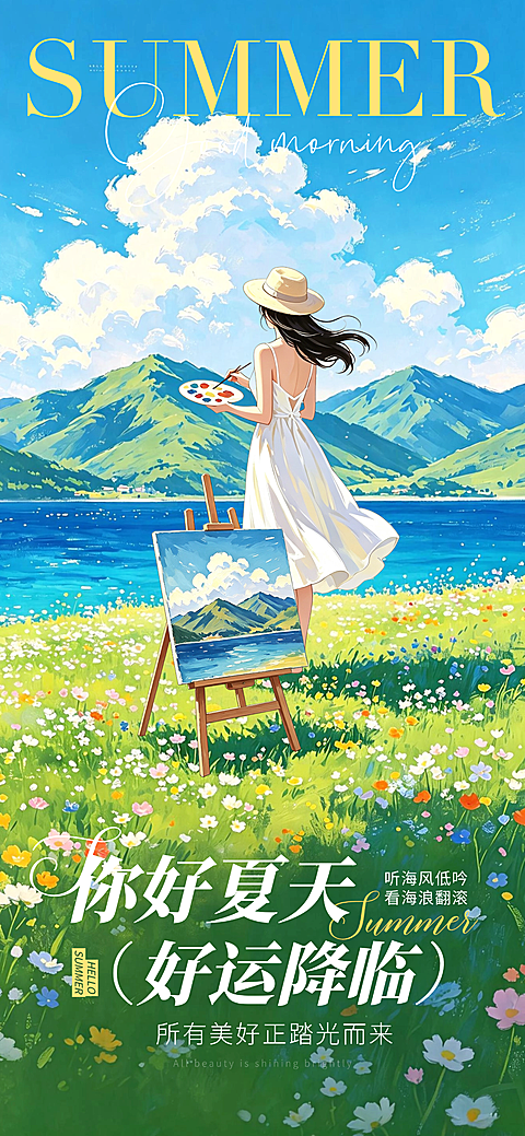夏日治愈文艺插画早安日签问候朋友圈宣传手机全屏海报