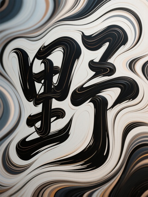 艺术字体“野”，笔画扭曲变形、流动，粗细线条交替，具有动感和设计感，抽象艺术风格，特写视角，独特氛围，传奇大师作品风格预览效果